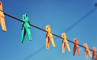 colored clothespin on the rope outdoor