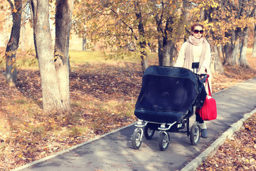 mother in a park stroller autumn