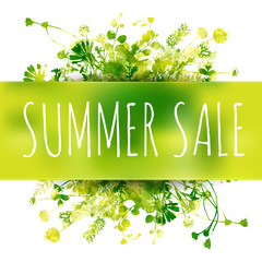 Fototapeta premium Summer sale watercolor background with leaves and lettering