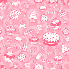 Set of various doodles, hand drawn sweets, cupcakes and candies sketches seamless surface pattern