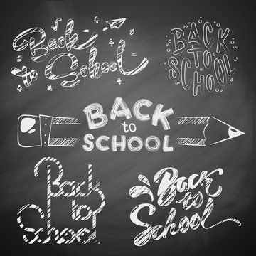 Hand drawn Back to School Calligraphic Designs Label Set. Imitation drawing with chalk on Chalkboard or blackboard.