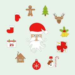 Set Christmas icon. Santa Claus, Christmas tree, mitten, boot, snowman, gift, deer, bells, shelter, calendar, toy, Christmas gingerbread, vector illustration