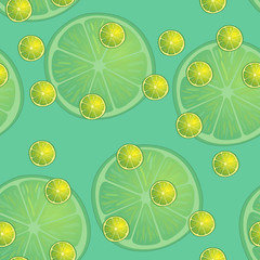 Vector illustration of lemon slices in same sizes on turquoise background. Pattern.