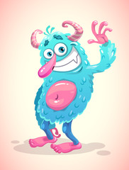 Funny cartoon blue hairy monster