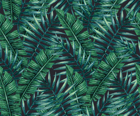 Watercolor tropical palm leaves seamless pattern. Vector illustration. - 117140259
