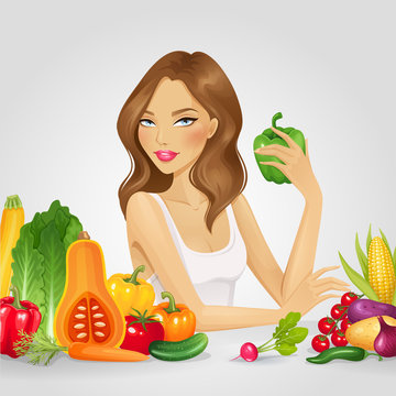 Girl with fresh vegetables. Healthy food vector illustration.
