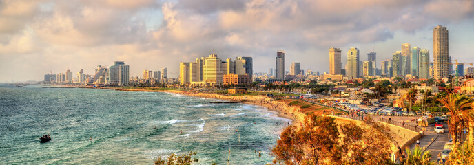 Panorama of the Mediterranean waterfront in Tel Aviv - obrazy, fototapety, plakaty