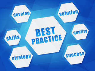 best practice and business concept words in hexagons, vector