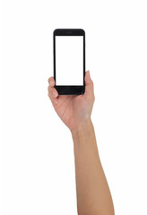 Hand holding smart phone isolated white background, use clipping