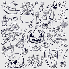 Halloween characters and attributes doodle set. Vector illustration.