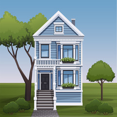 Cozy family house facade view. Vector illustration.
