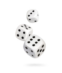 Falling dice, gambling scene, isolated on white background.