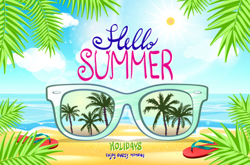 Fototapeta na wymiar Vector summer blurred beach, with sunglasses, background illustration vector