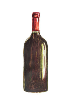 Isolated watercolor wine bottle on white background. Unlabeled bottle of alcohol is symbol of elegance, party or holiday relaxing.