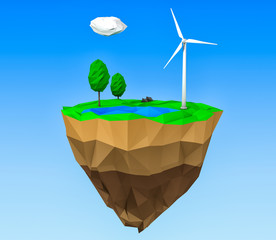 Obraz premium Ecology Concept. Low Poly Island with Windmills, Trees and Grass