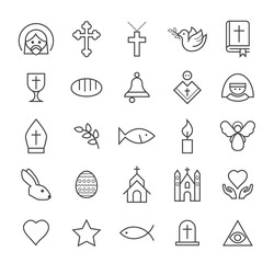 Set of Quality Isolated Universal Standard Minimal Simple Christian Black Thin Line Icons on White Background. 