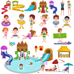 Water aquapark playground with slides and splash pads for family fun vector illustration.