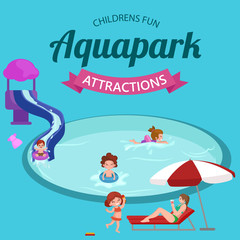 Water aquapark playground with slides and splash pads for family fun vector illustration.