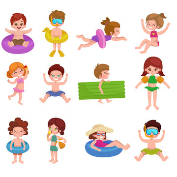 girl and boy in swimsuit isolated, kids summer vacation