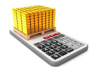 Golden Bars over Calculator. 3d Rendering