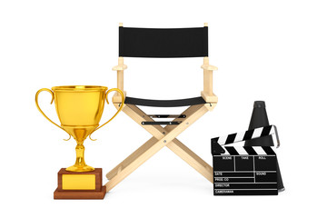 Director Chair, Movie Clapper and Megaphone with Golden Trophy.