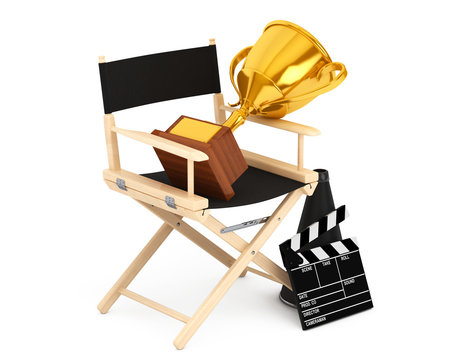 Director Chair, Movie Clapper and Megaphone with Golden Trophy.