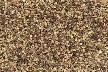 Organic Black pepper (Piper nigrum) peppercorns in big cut size. Macro close up background texture. Top view.