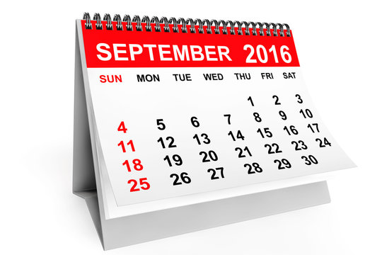 Calendar September 2016. 3d rendering