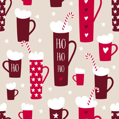 Seamless winter holidays pattern with mugs, candy canes, stars