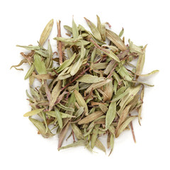 Organic dry (Thymus vulgaris) leaves. Isolated on white background. Macro close up. Top view.