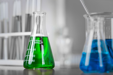 Close up test tube medical glassware on table.