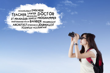 Student searching future jobs at speech bubble