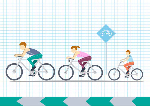 Mom, Dad and kids ride bikes,Sport family,vector illustrations