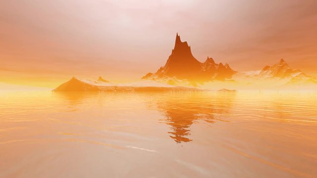 Golden fog, a polar landscape, 3D rendering animation, beautiful waters, snowy islands and colored clouds in the sky.