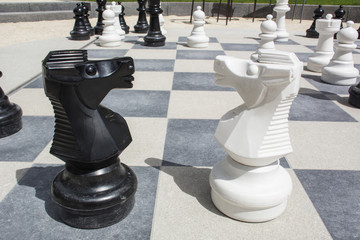 Two knights on the street chessboard with chessmen as background