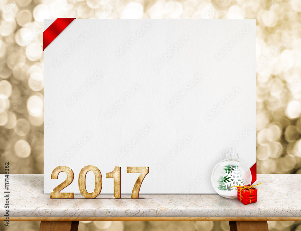 Poster 2017 year wood number and white card with red ribbon in perspect