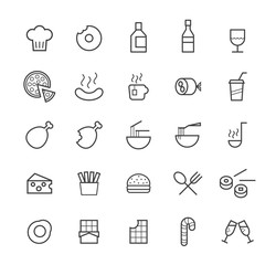 Set of Quality Isolated Universal Standard Minimal Simple Black Thin Line Food and Drink Icons on White Background.