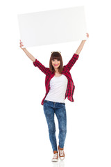 Casual Girl Holding Placard Over Her Head