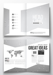 Set of business templates for brochure, magazine, flyer, booklet or annual report. Molecular construction with connected lines and dots, scientific design pattern on gray background