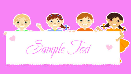 Group of children with poster with space for text entry. Vector illustration of smiling children holding placard on pink background.