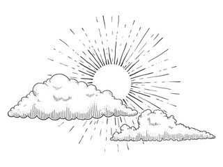 Sun with clouds engraving vector illustration