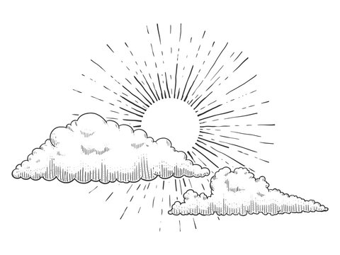 Sun with clouds engraving vector illustration
