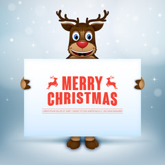Happy reindeer hold sign board. Christmas card. Vector illustration 2017