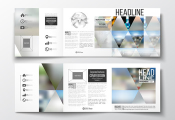 Set of tri-fold brochures, square design templates. Abstract colorful polygonal background, natural landscapes, geometric, triangular style vector illustration