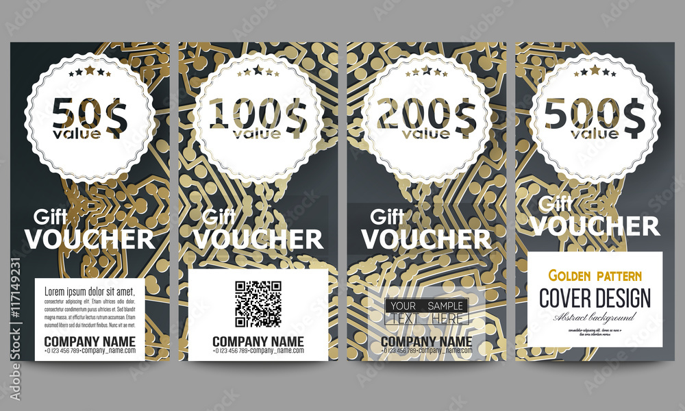 Poster set of modern gift voucher templates. golden microchip pattern on dark background with connecting do