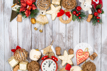 Christmas decoration over wooden background. Winter holidays concept. Space for text.