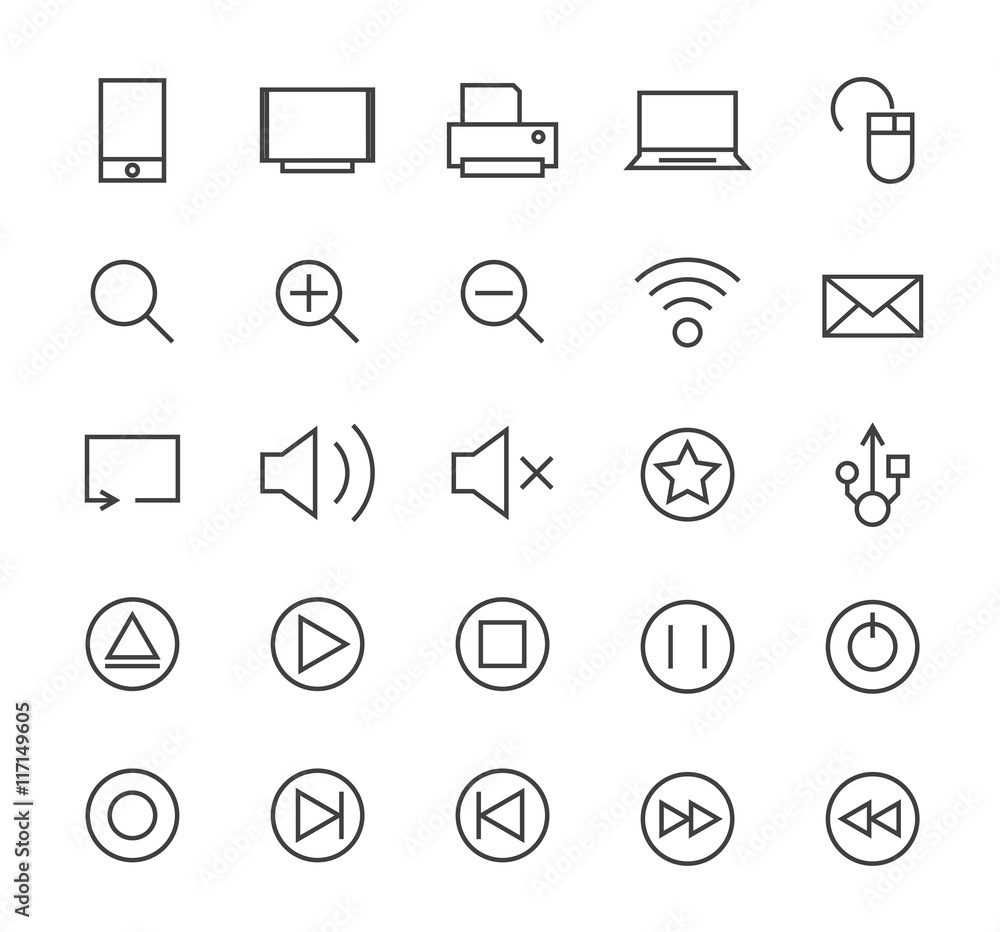 Poster set of quality isolated universal standard minimal simple black thin line multimedia icons on white 