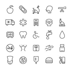 Minimal Simple Black Thin Line Medical Icons on White Background.