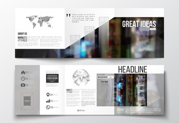 Set of tri-fold brochures, square design templates with world map and globe. Leaflet cover, abstract geometric background, business layout