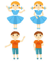 Vector Illustration of Sad and Happy Kids. Boy and girl shows different expressions: children smile or cry.